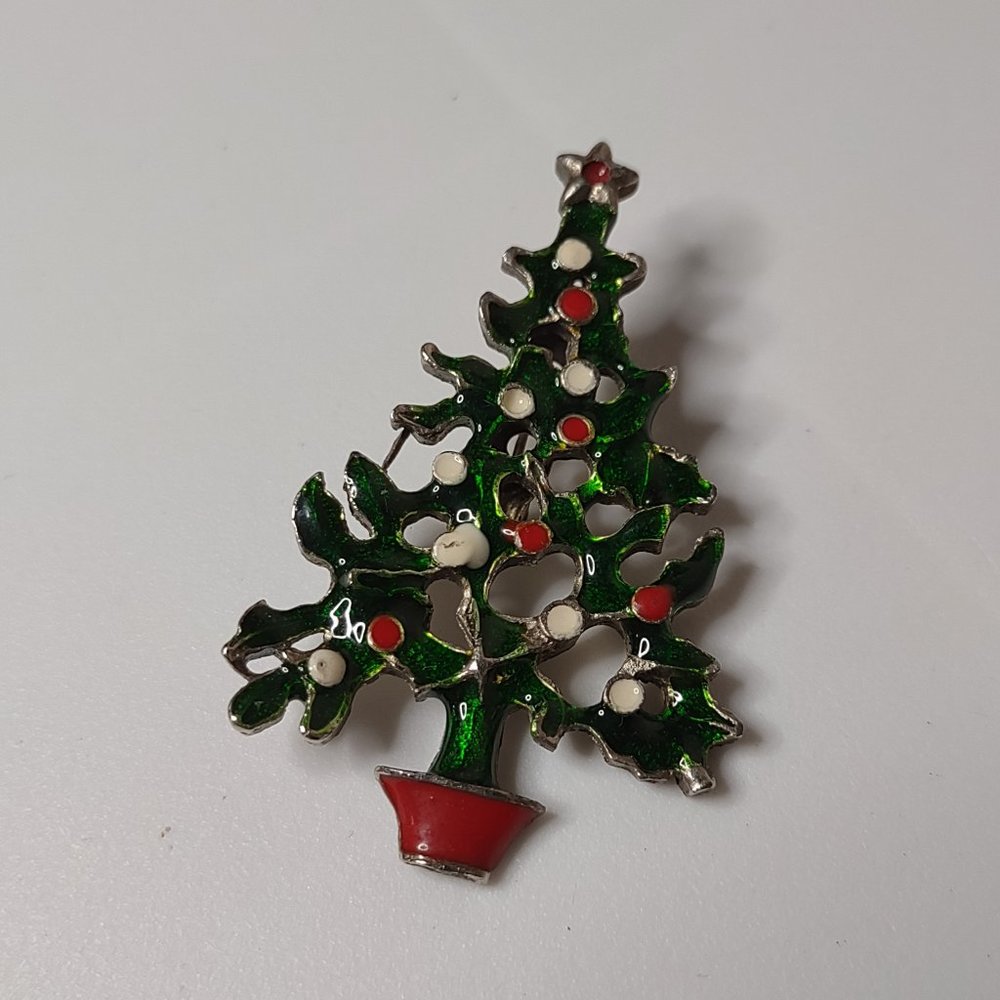 Green, Red, And White Christmas Tree Brooch
